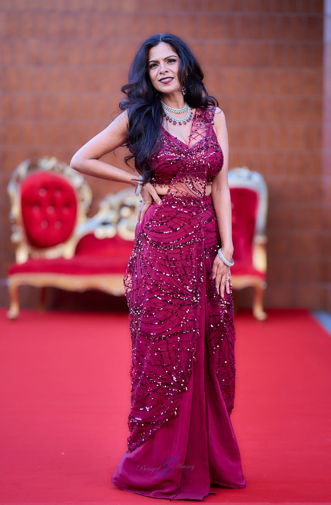 Mahira — Crimson Sparkle Draped Cocktail Saree