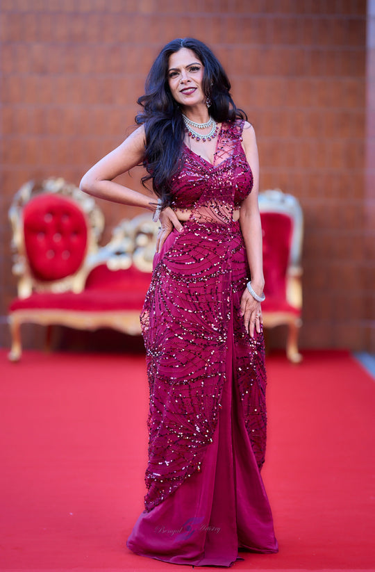 Mahira — Crimson Sparkle Draped Cocktail Saree