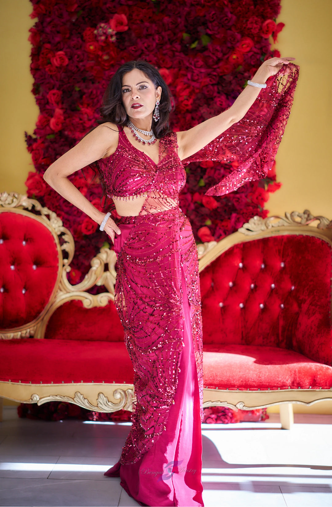 Mahira — Crimson Sparkle Draped Cocktail Saree