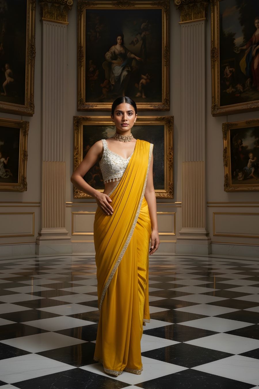 Mustard Yellow Georgette Pre-Draped Saree