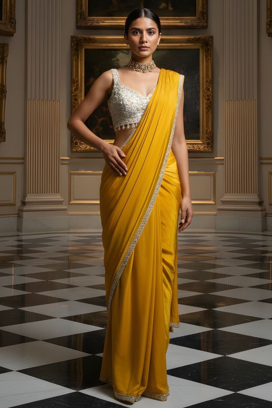 Mustard Yellow Georgette Pre-Draped Saree
