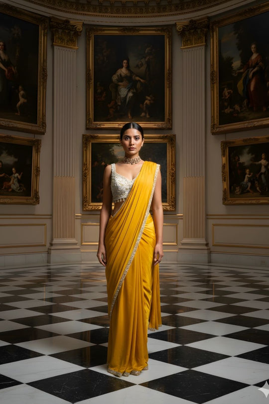 Mustard Yellow Georgette Pre-Draped Saree