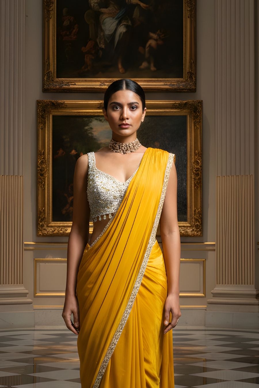 Mustard Yellow Georgette Pre-Draped Saree