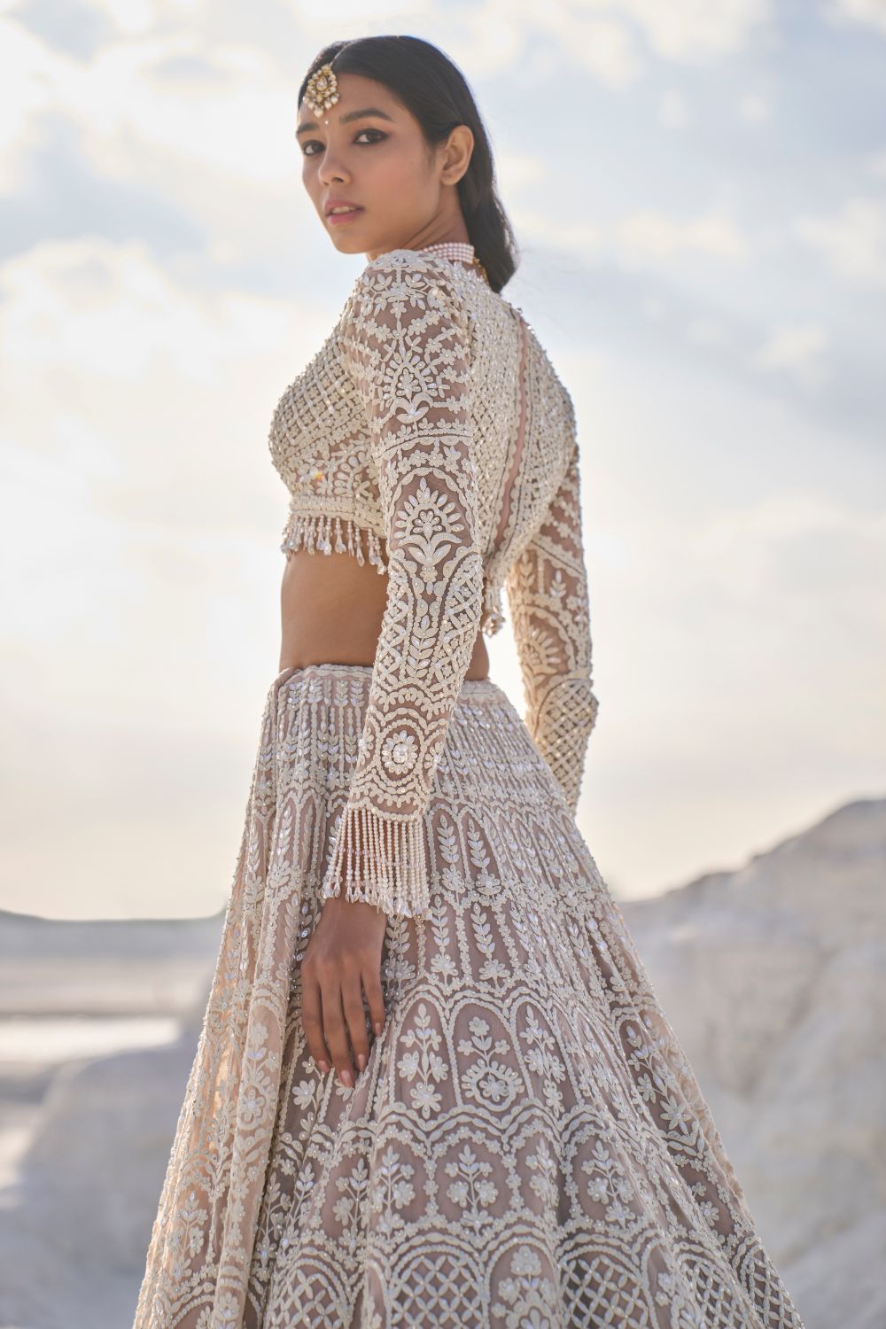 Seema Gujral - Nude Cream Dori Lehenga Set