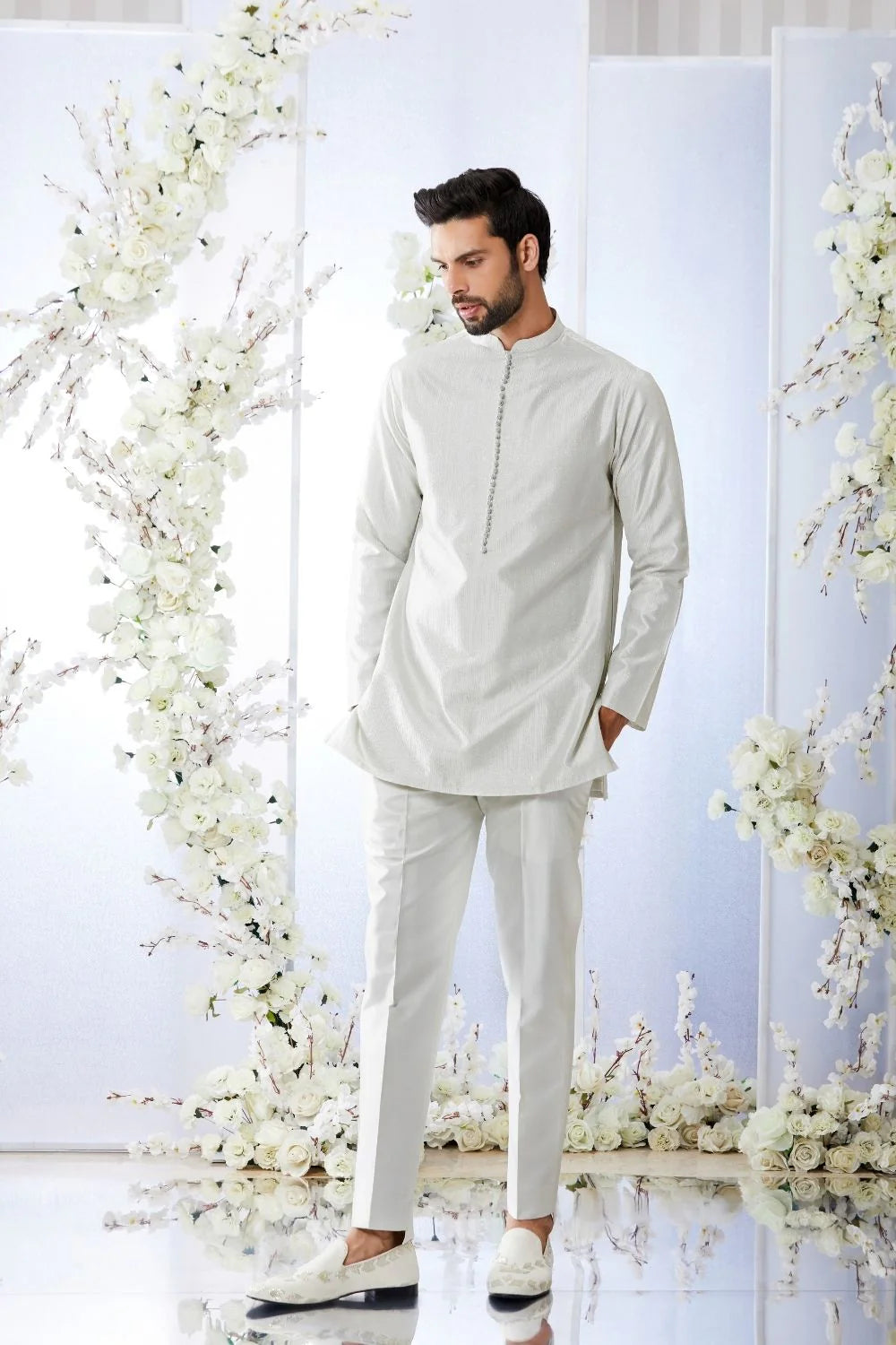 Seema Gujral - Antique Silver Open Short Sherwani Set