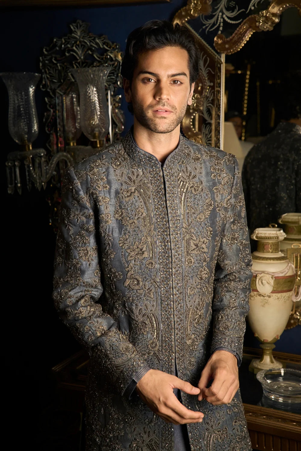 Seema Gujral - Steel Grey Sherwani Set