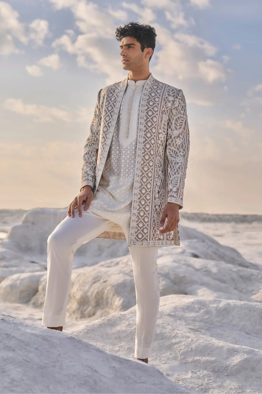 Seema Gujral - Ishaan Khatter in Nude Cream Open Sherwani Set