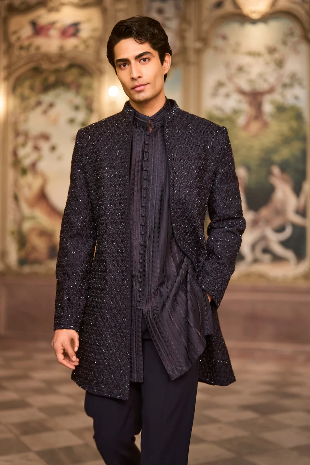 Seema Gujral - Navy Open Sherwani Set