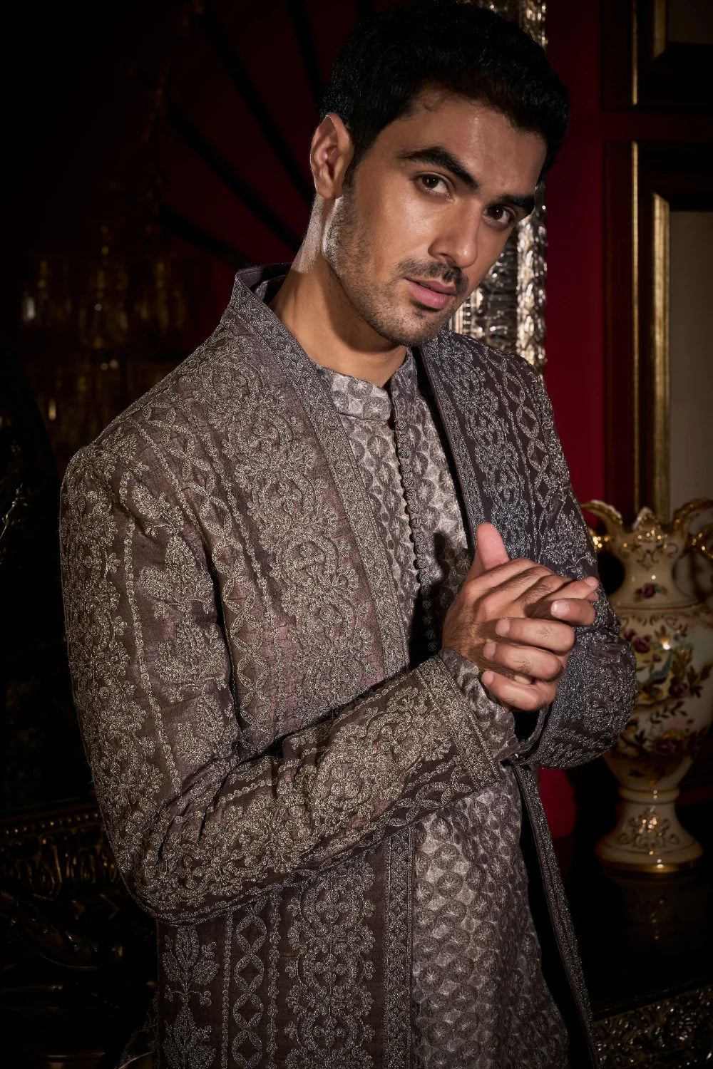 Seema Gujral - Ash Grey Open Jacket Set