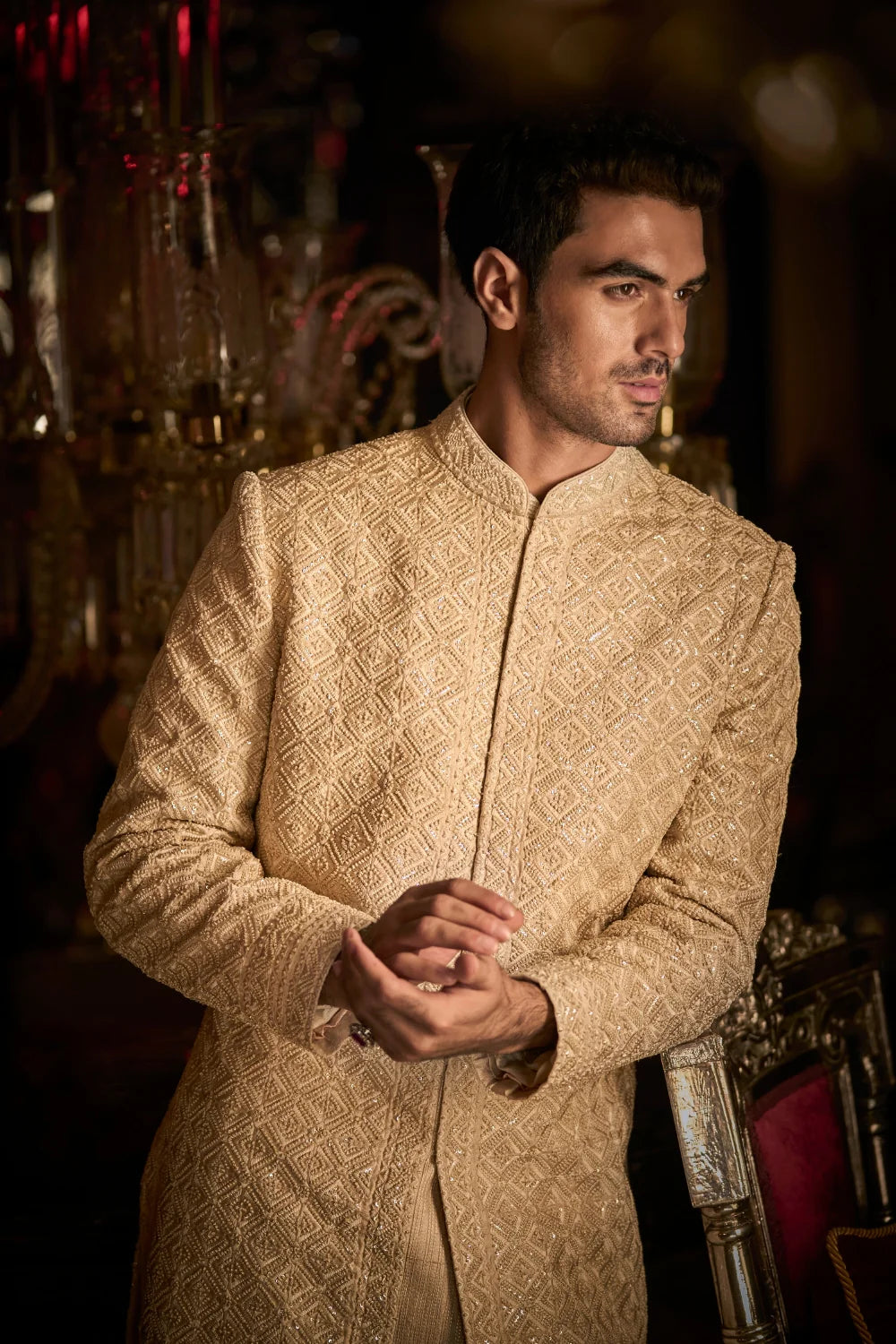 Seema Gujral - Nude Thread Sequin Work Sequin Sherwani Set