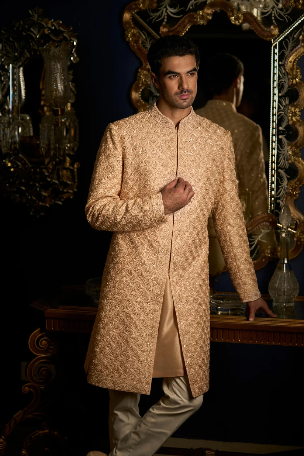 Seema Gujral - Peach Thread Sequin Sherwani Set