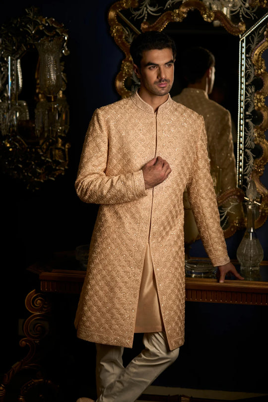 Seema Gujral - Peach Thread Sequin Sherwani Set