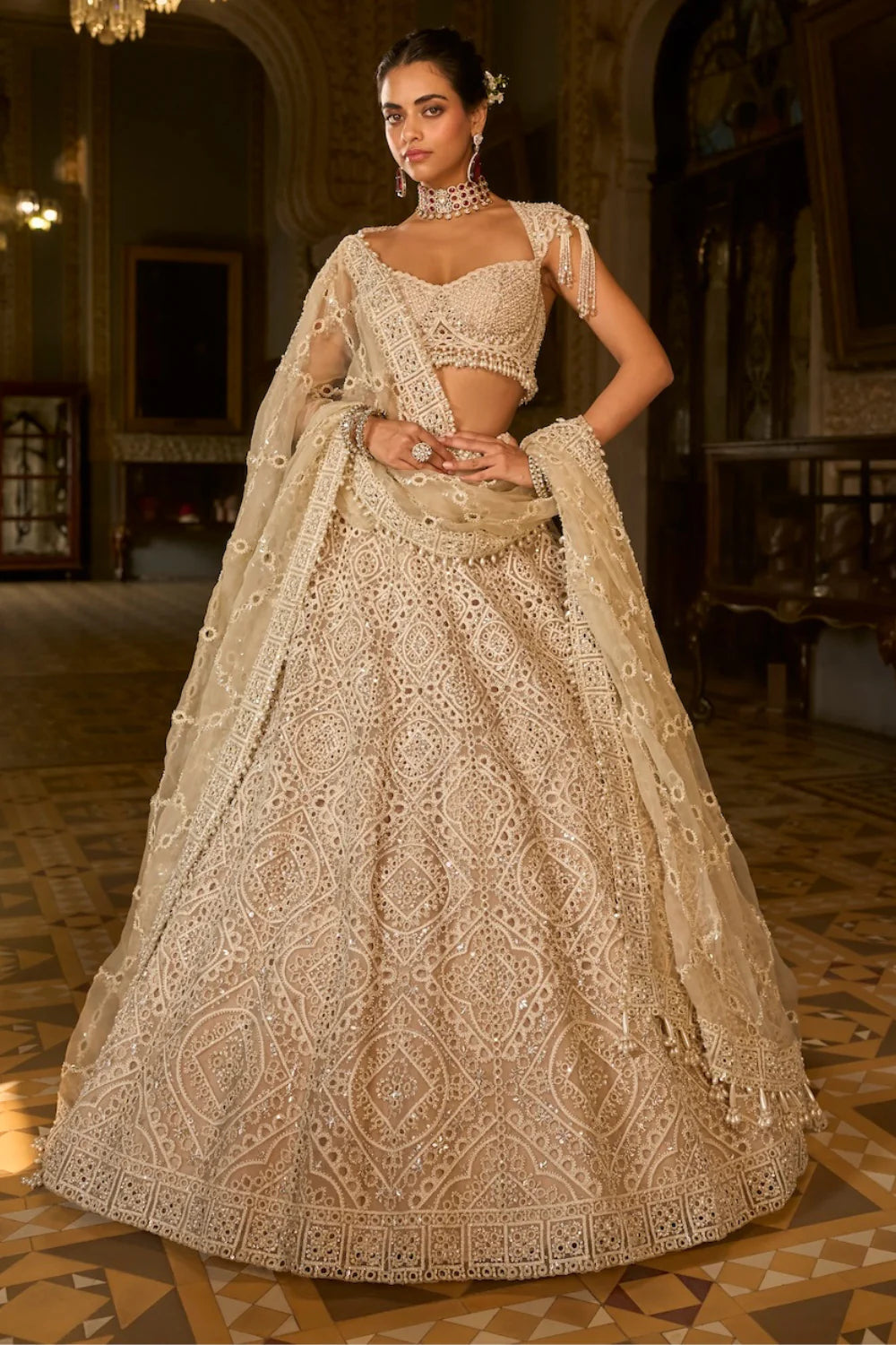 Seema Gujral - Dark Beige Thread Work Lehenga Set