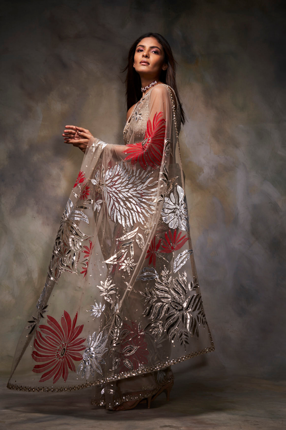 Seema Gujral - Nude Metallic Applique Saree