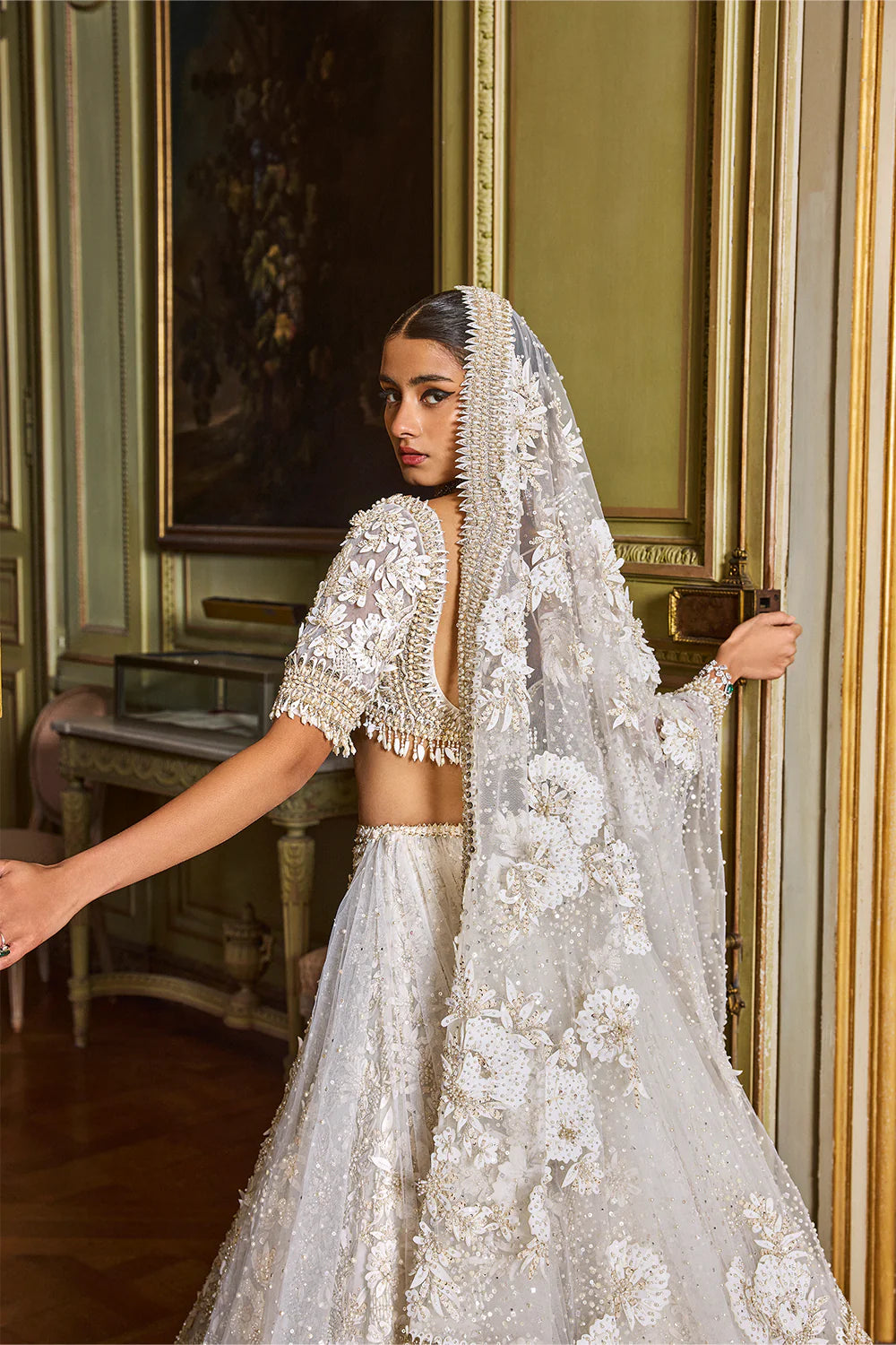 Seema Gujral - Ivory Gold Three-Dimensional Lehenga Set
