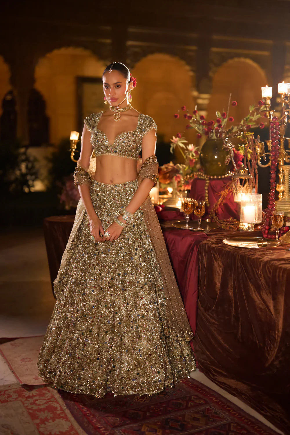 Seema Gujral - Antique Gold Jeweled Lehenga Set