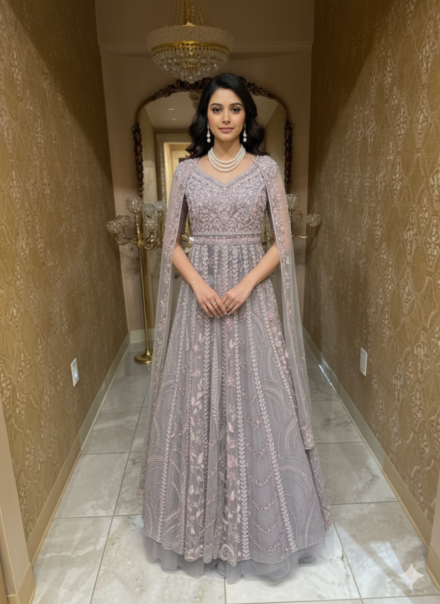 Lavender Embellished Indo-Western Cape Gown