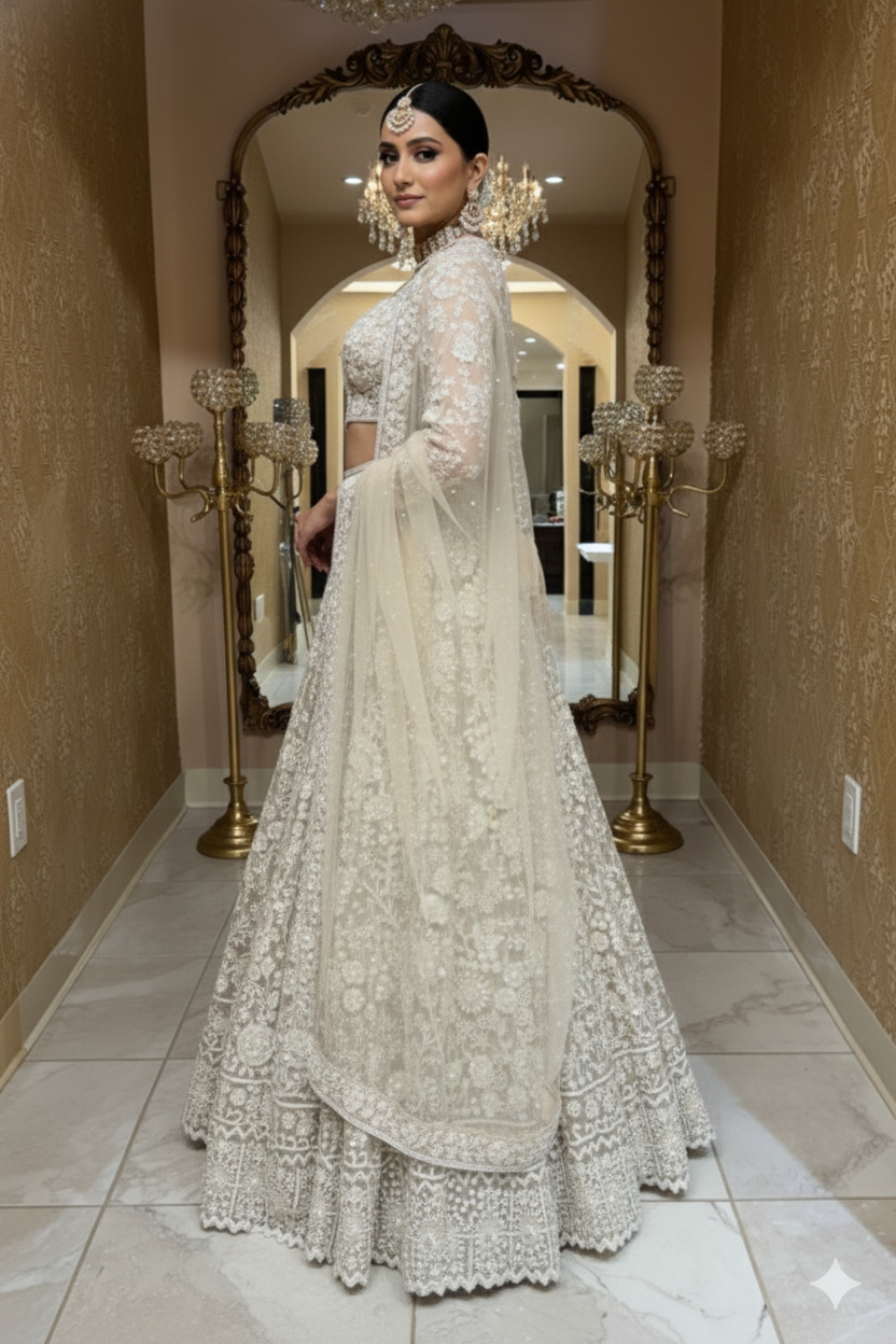 Ivory Bridal Lehenga Set with Pearl &amp; Sequin Work