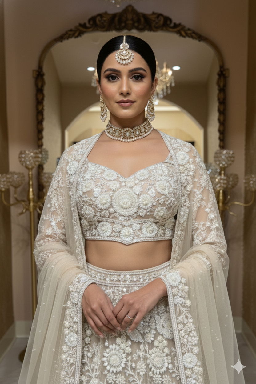 Ivory Bridal Lehenga Set with Pearl &amp; Sequin Work