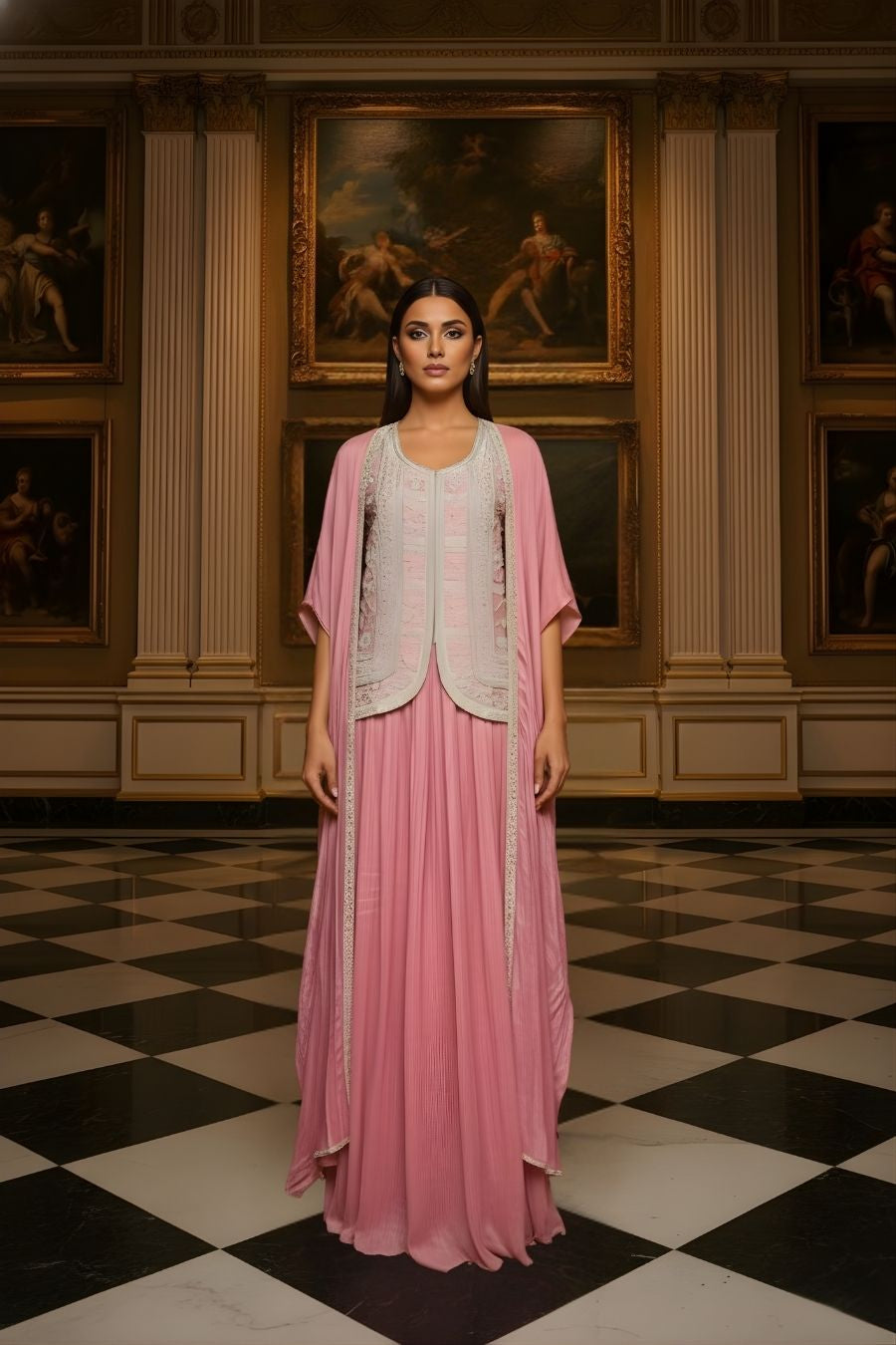 Rose Pink Pleated Kaftan Gown