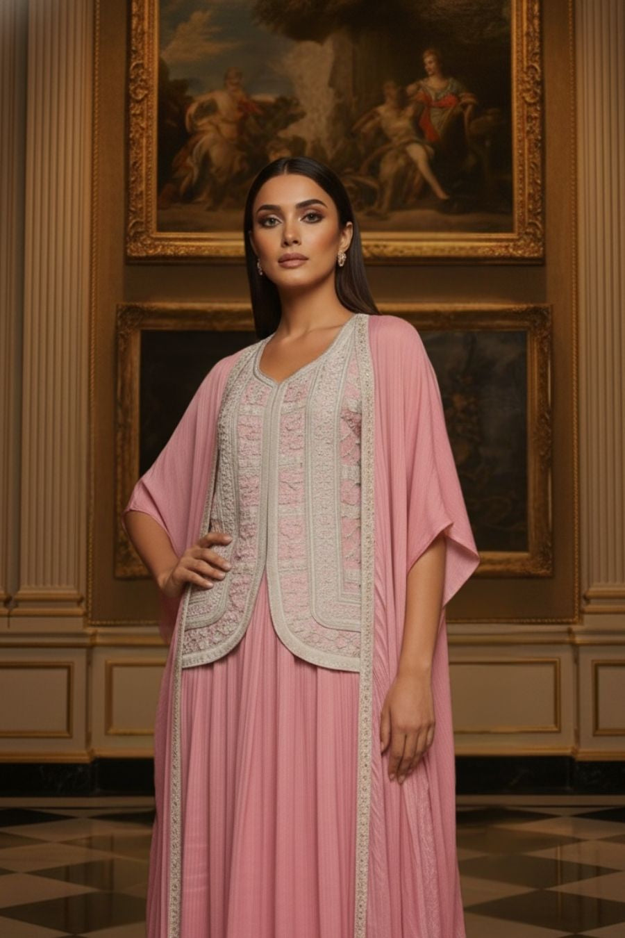 Rose Pink Pleated Kaftan Gown