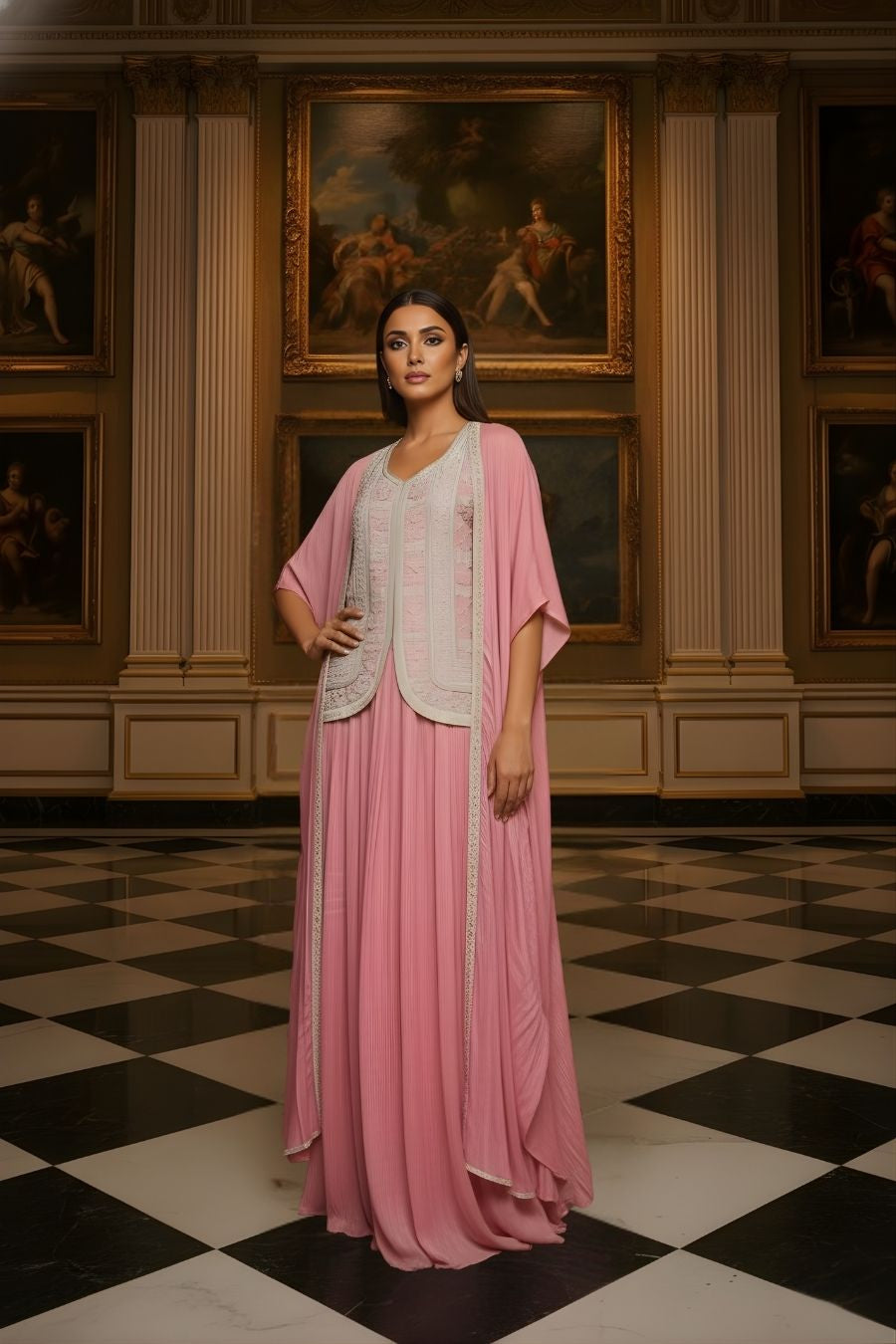 Rose Pink Pleated Kaftan Gown