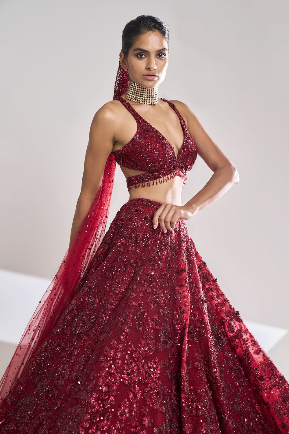 Seema Gujral - Maroon Sequin Lehenga Set