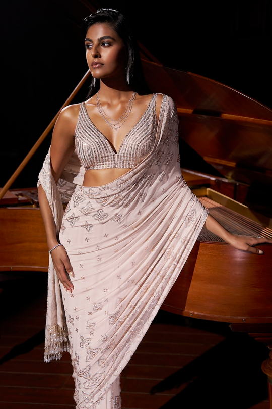 Seema Gujral - Nude Crystal Georgette Saree