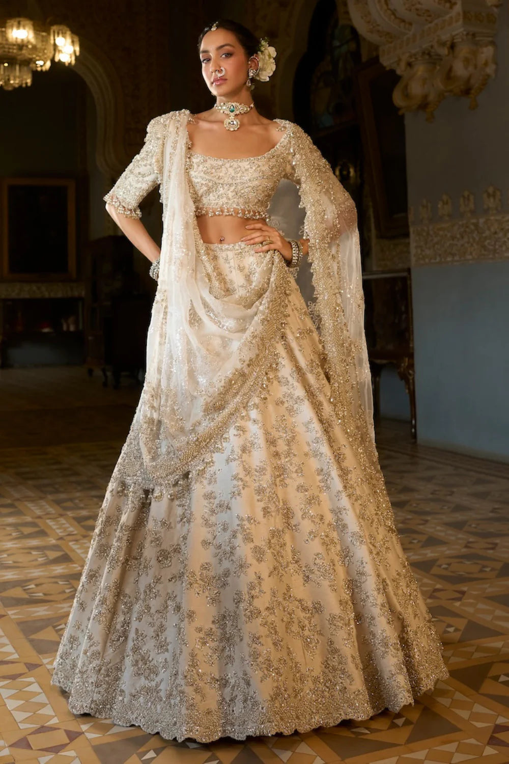 Seema Gujral - Beige Zardosi Lehenga Set