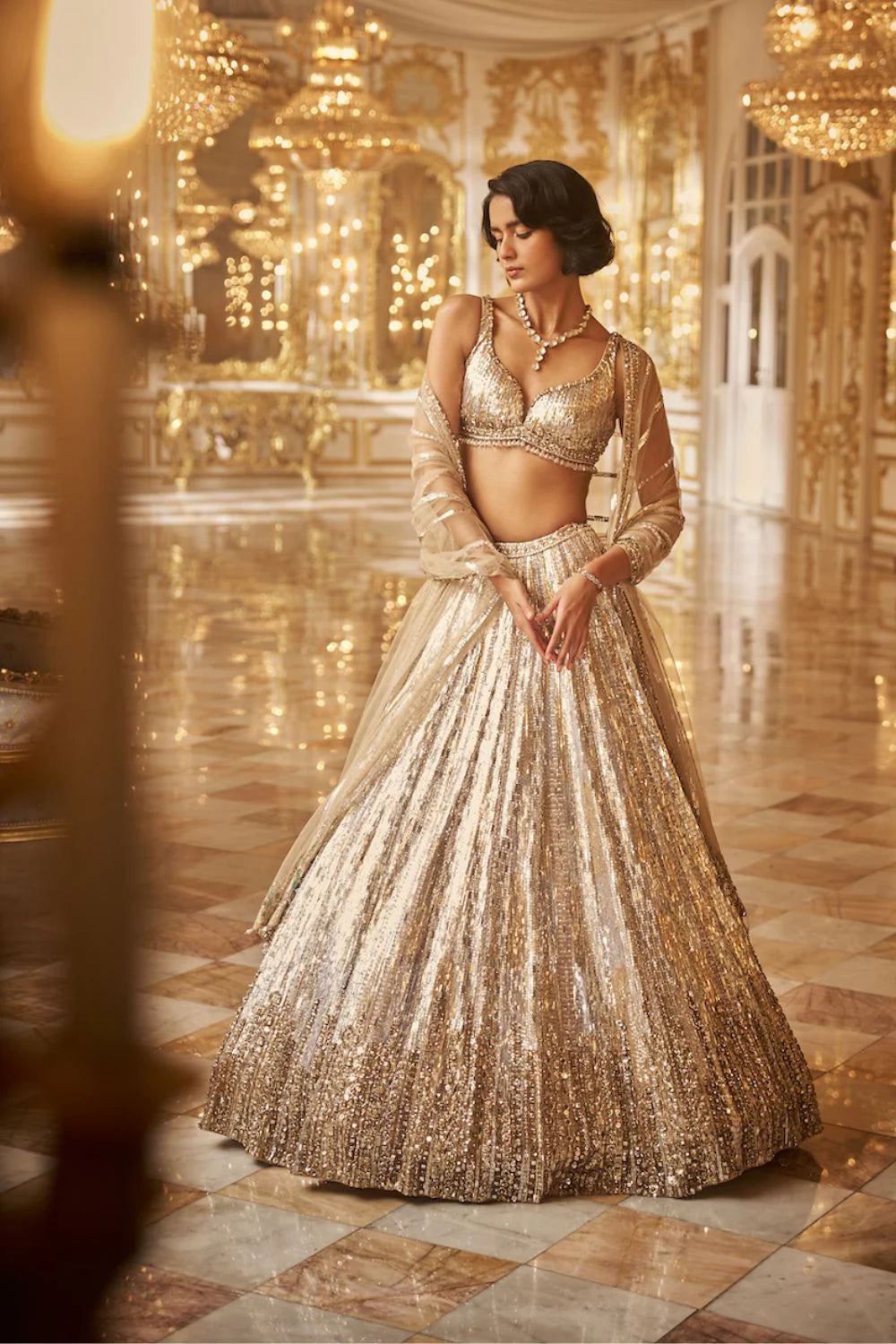 Seema Gujral - Silver Gold Crystal Lehenga Set