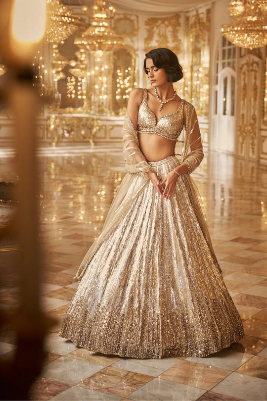 Seema Gujral - Silver Gold Crystal Lehenga Set