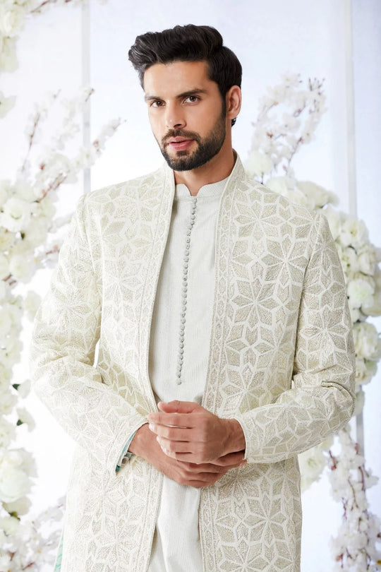 Seema Gujral - Antique Silver Open Short Sherwani Set