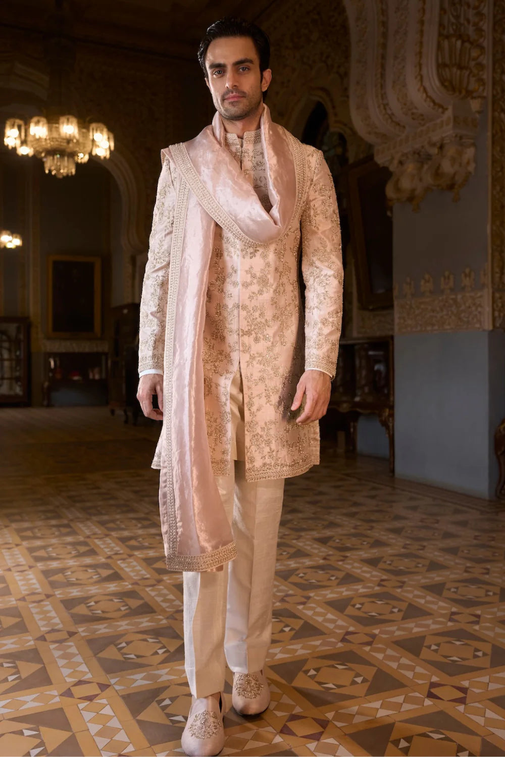 Seema Gujral - Powder Peach Sherwani Set