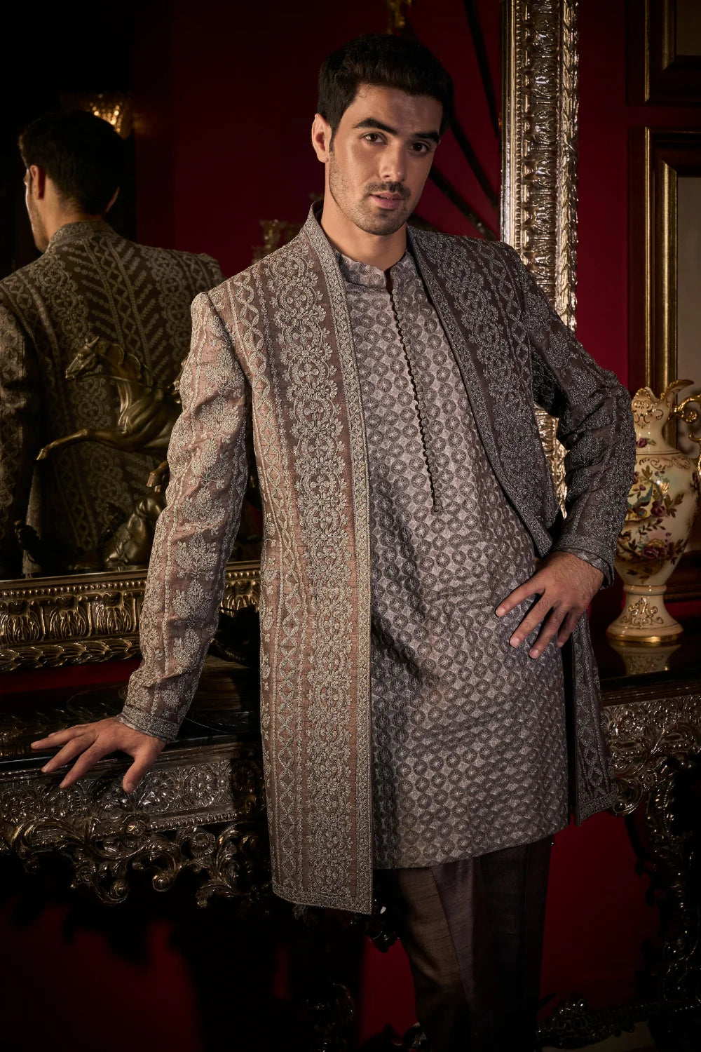 Seema Gujral - Ash Grey Open Jacket Set