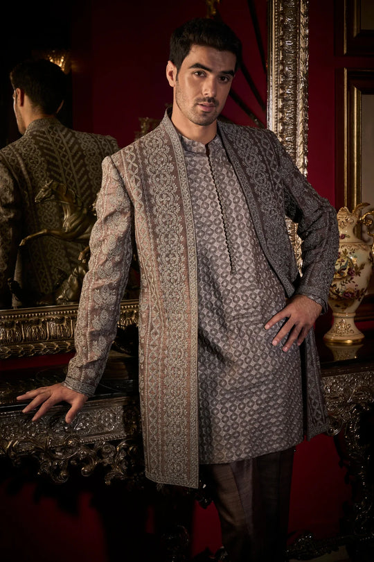 Seema Gujral - Ash Grey Open Jacket Set