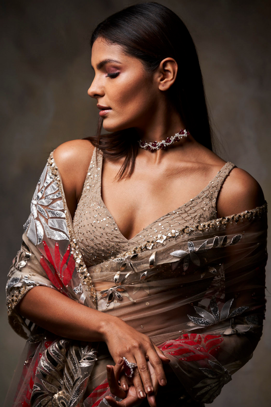 Seema Gujral - Nude Metallic Applique Saree