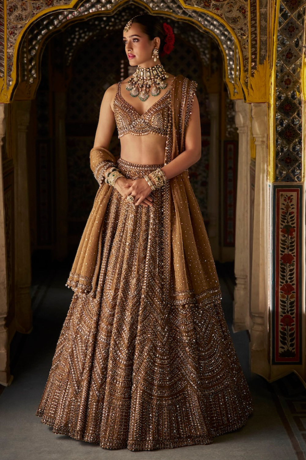 Seema Gujral - Copper Gold Crystal Lehenga Set