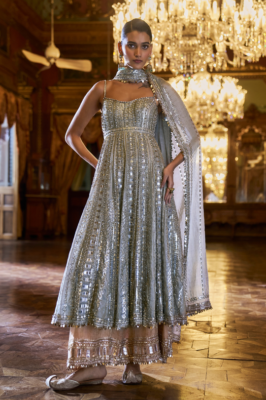 Seema Gujral - Silver Gold Tissue Sharara Set