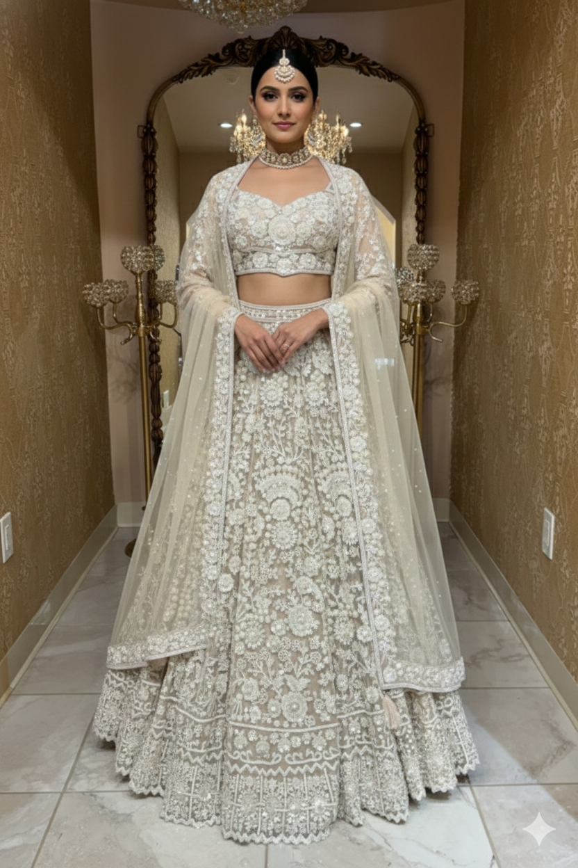 Ivory Bridal Lehenga Set with Pearl &amp; Sequin Work