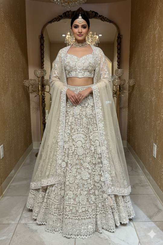 Ivory Bridal Lehenga Set with Pearl & Sequin Work