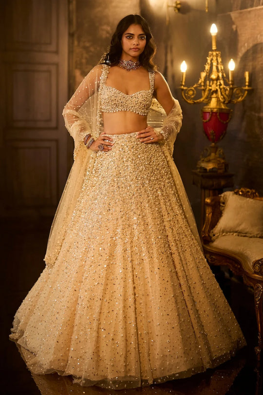 Seema Gujral - Butter Cream Pearl Lehenga Set
