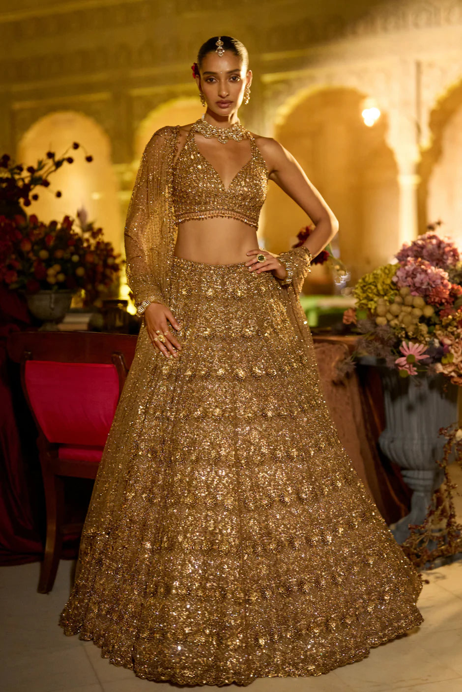 Seema Gujral - Antique Gold Sequin Lehenga Set