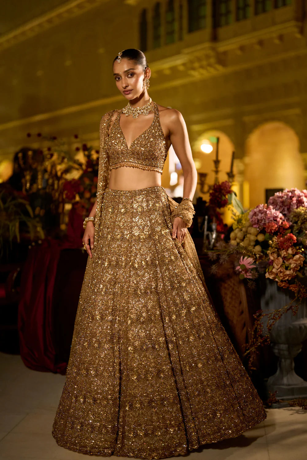 Seema Gujral - Antique Gold Sequin Lehenga Set