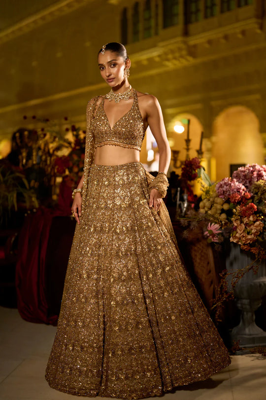Seema Gujral - Antique Gold Sequin Lehenga Set