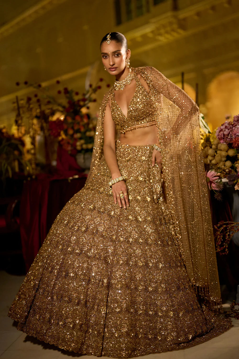 Seema Gujral - Antique Gold Sequin Lehenga Set