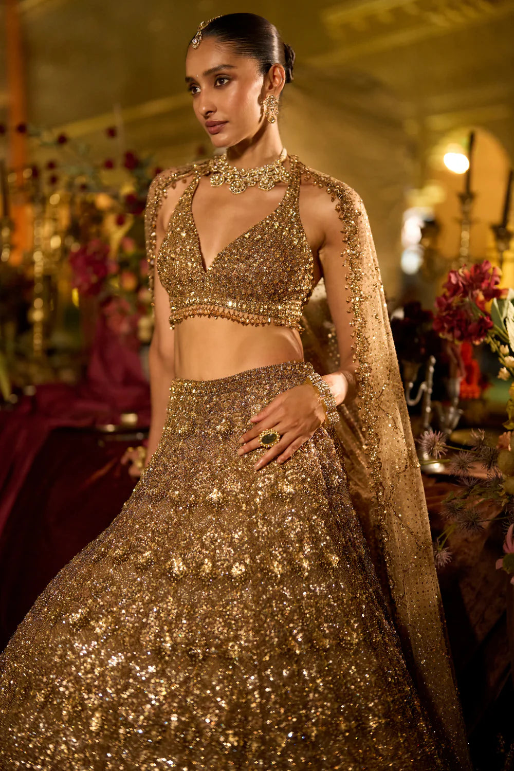 Seema Gujral - Antique Gold Sequin Lehenga Set