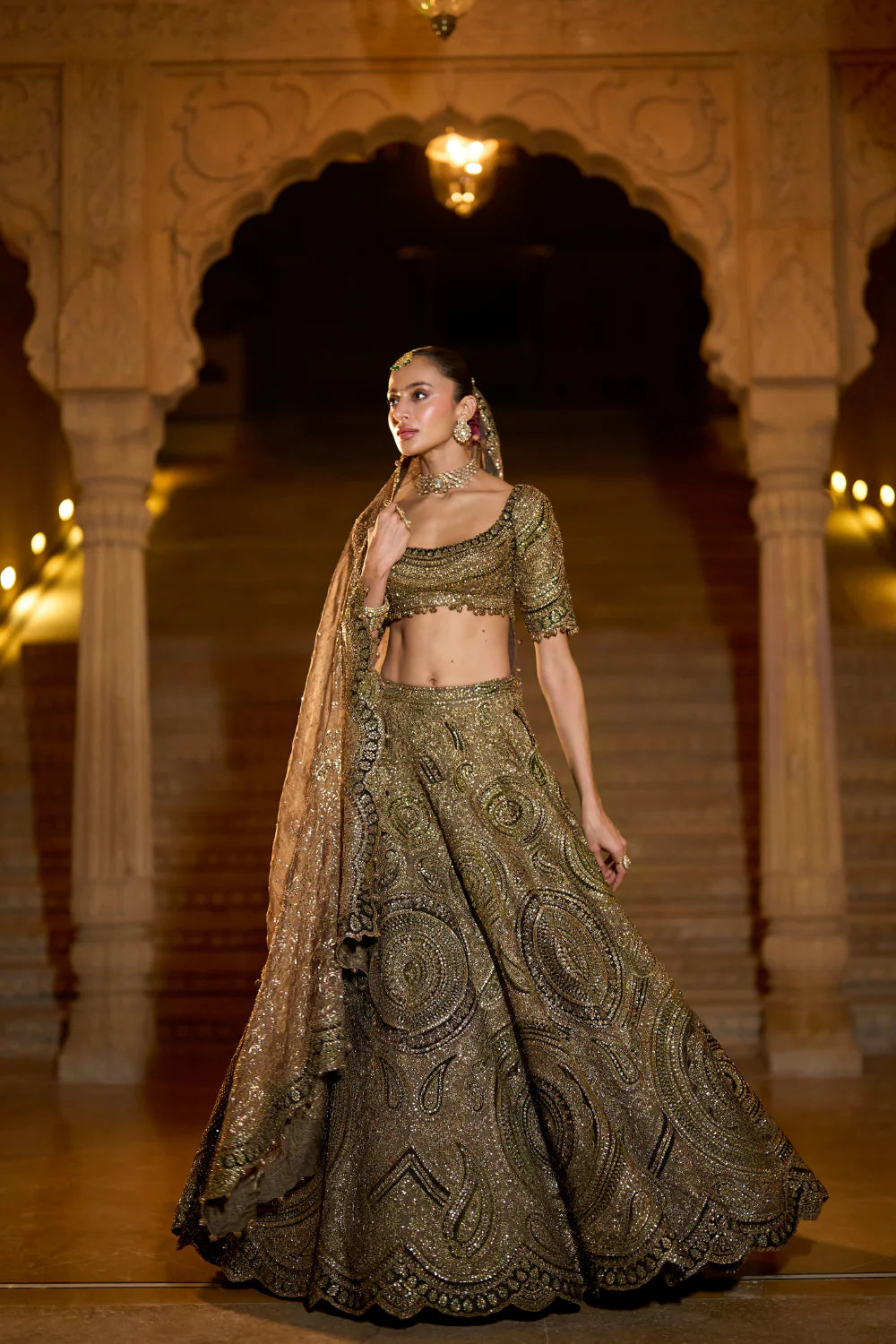 Seema Gujral - Moss Green Applique Lehenga Set