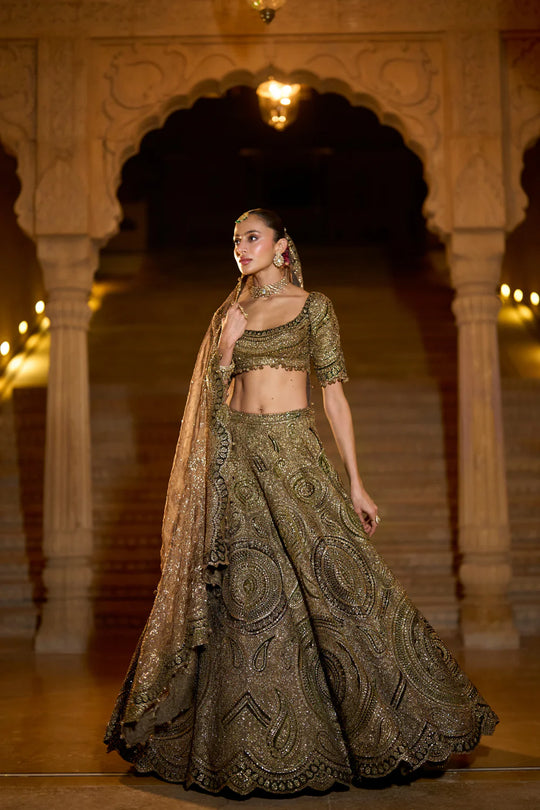 Seema Gujral - Moss Green Applique Lehenga Set