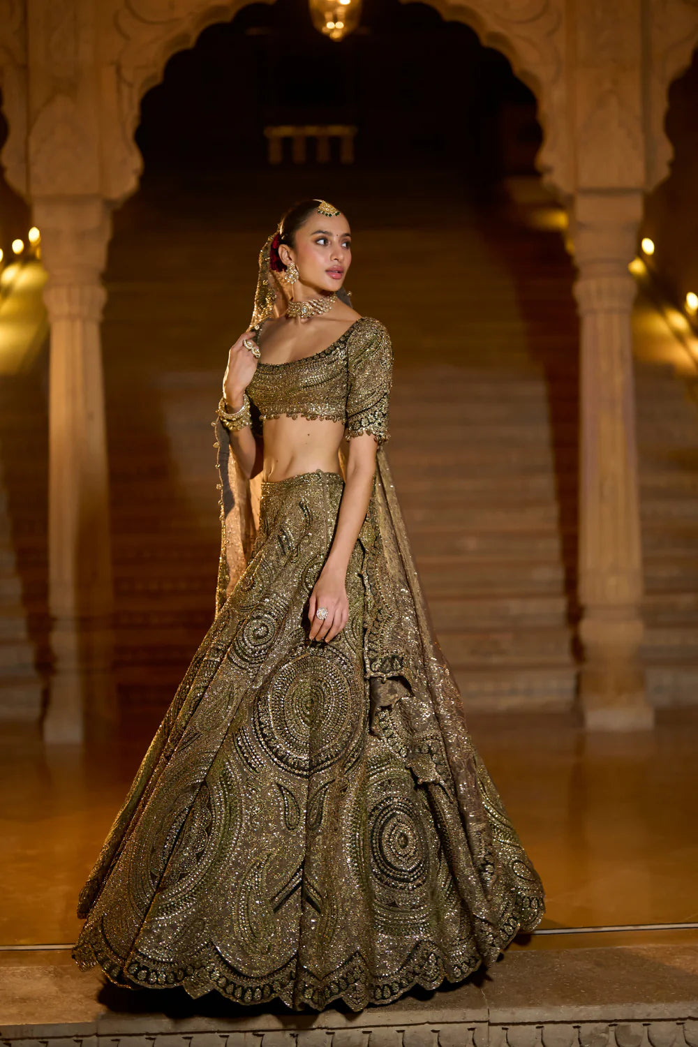 Seema Gujral - Moss Green Applique Lehenga Set
