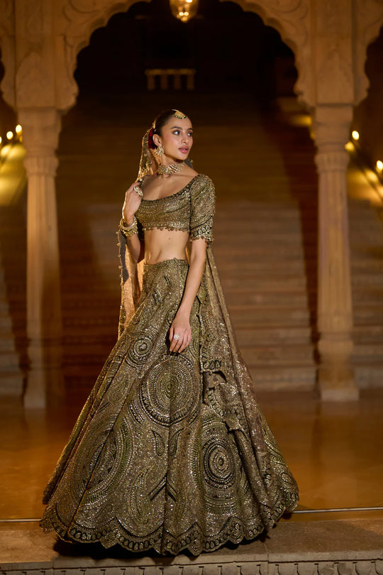 Seema Gujral - Moss Green Applique Lehenga Set